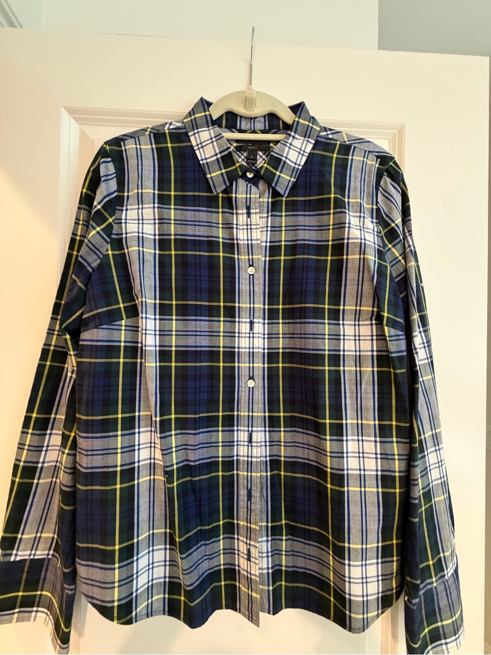 WomeNavy and White Plaid Button-Down Shirt